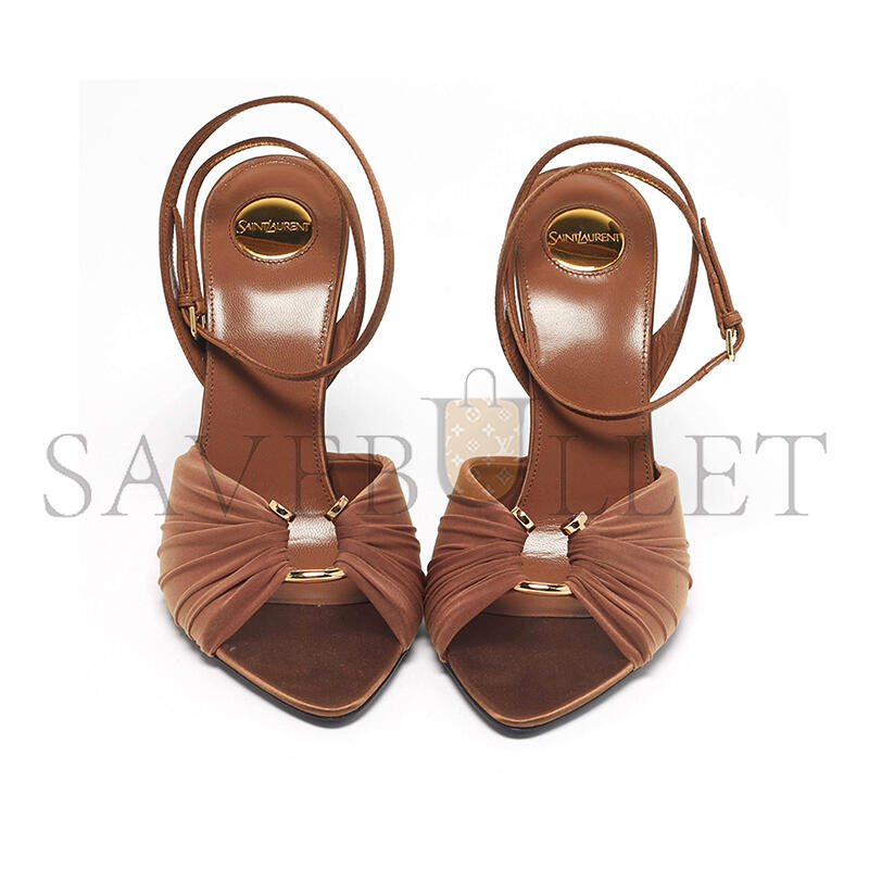 YSL BROWN SATIN AND STRETCH FABRIC LOLA ANKLE STRAP SANDALS 